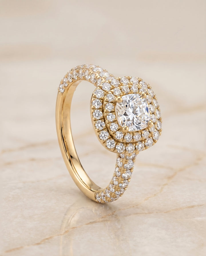Dinah Select Double Halo Cushion Cut Lab Diamond Engagement Ring in 18K Yellow Gold, front view | RockHer