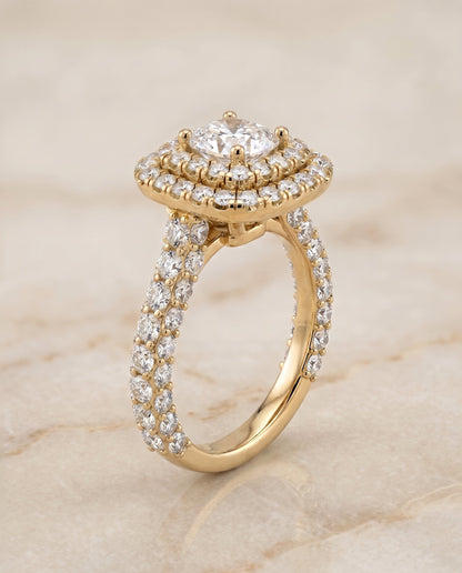 Dinah Select Double Halo Cushion Cut Lab Diamond Engagement Ring in 18K Yellow Gold, front view | RockHer