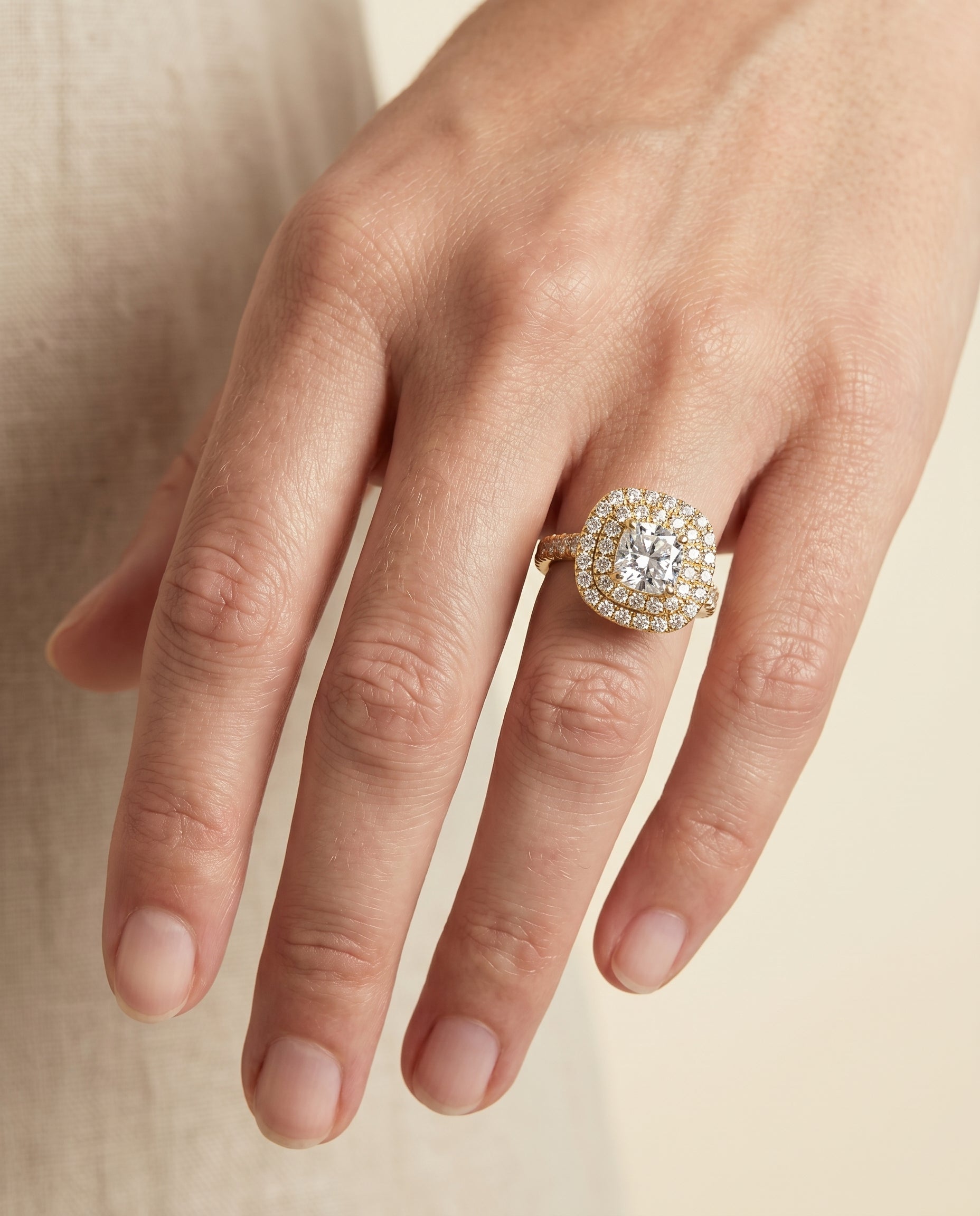 The Dinah engagement ring setting in 18K Yellow Gold, double halo cut design | RockHer