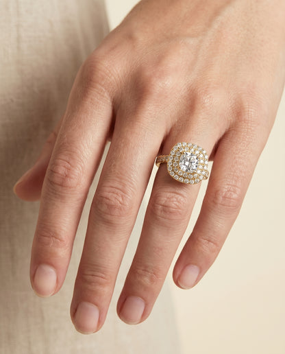 The Dinah Double Halo Cushion Cut Engagement Ring Setting in 18K Yellow Gold
