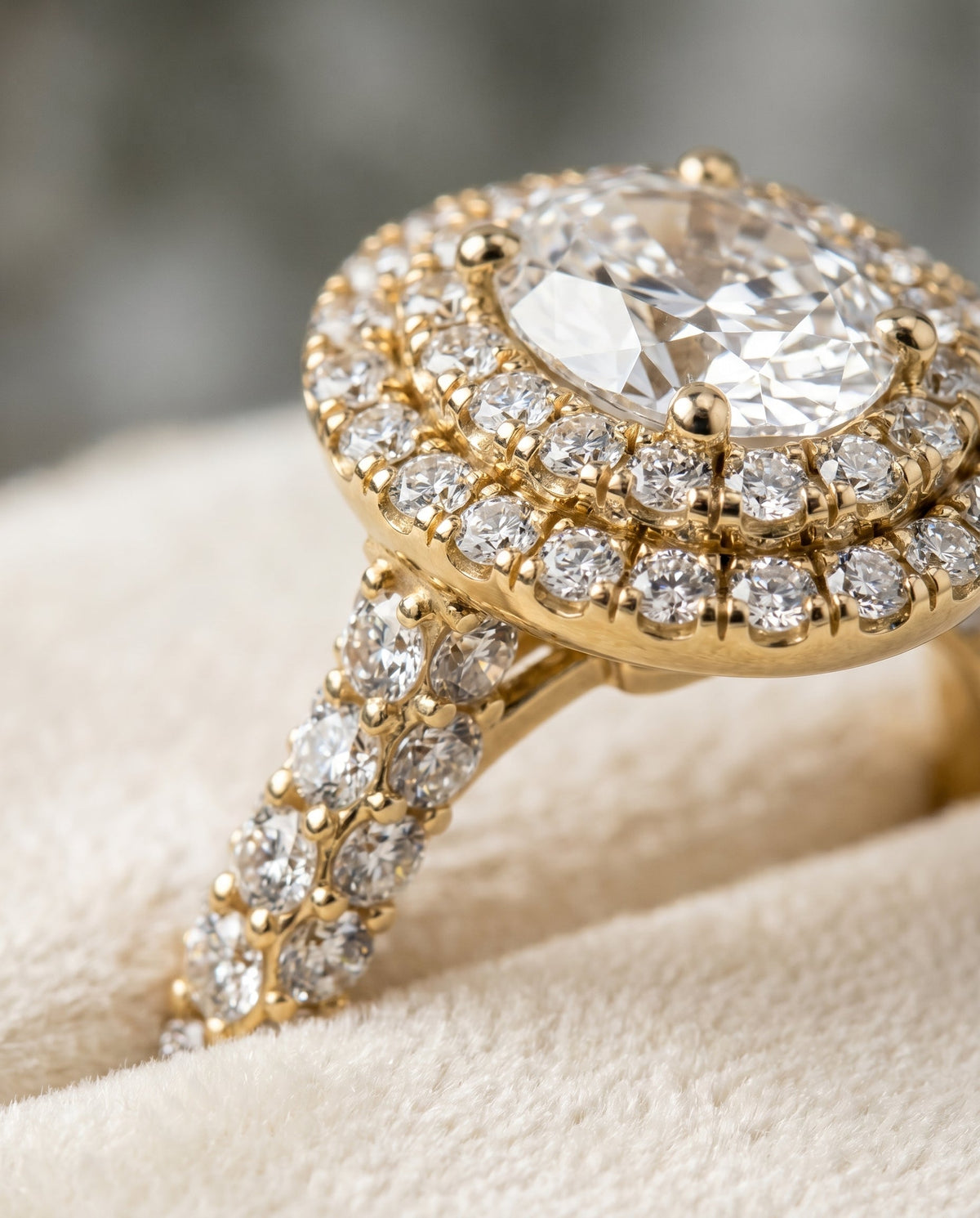 Dinah Select Double Halo Oval Lab Diamond Engagement Ring in 18K Yellow Gold, detail view | RockHer