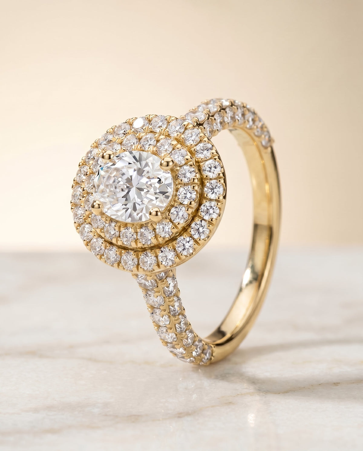 Dinah Select Double Halo Oval Lab Diamond Engagement Ring in 18K Yellow Gold, front view | RockHer