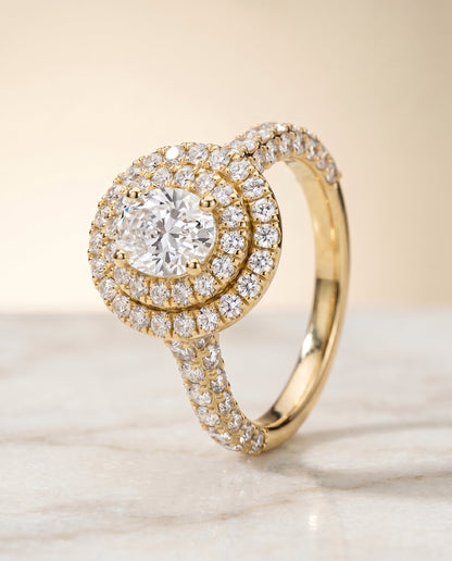 Dinah Select Double Halo Oval Lab Diamond Engagement Ring in 18K Yellow Gold, front view | RockHer