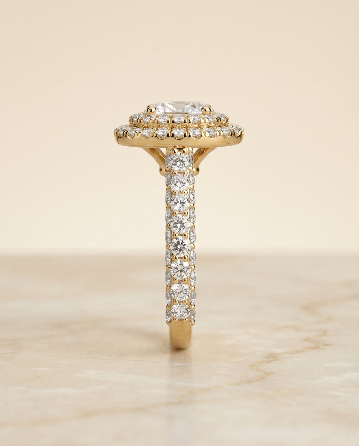 Dinah Select Double Halo Oval Lab Diamond Engagement Ring in 18K Yellow Gold, side view | RockHer