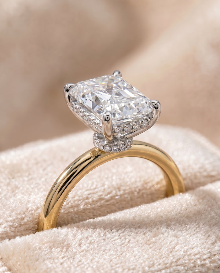 The Dolly Double Hidden Halo Solitaire Radiant Cut Engagement Ring Setting in 18K Yellow Gold