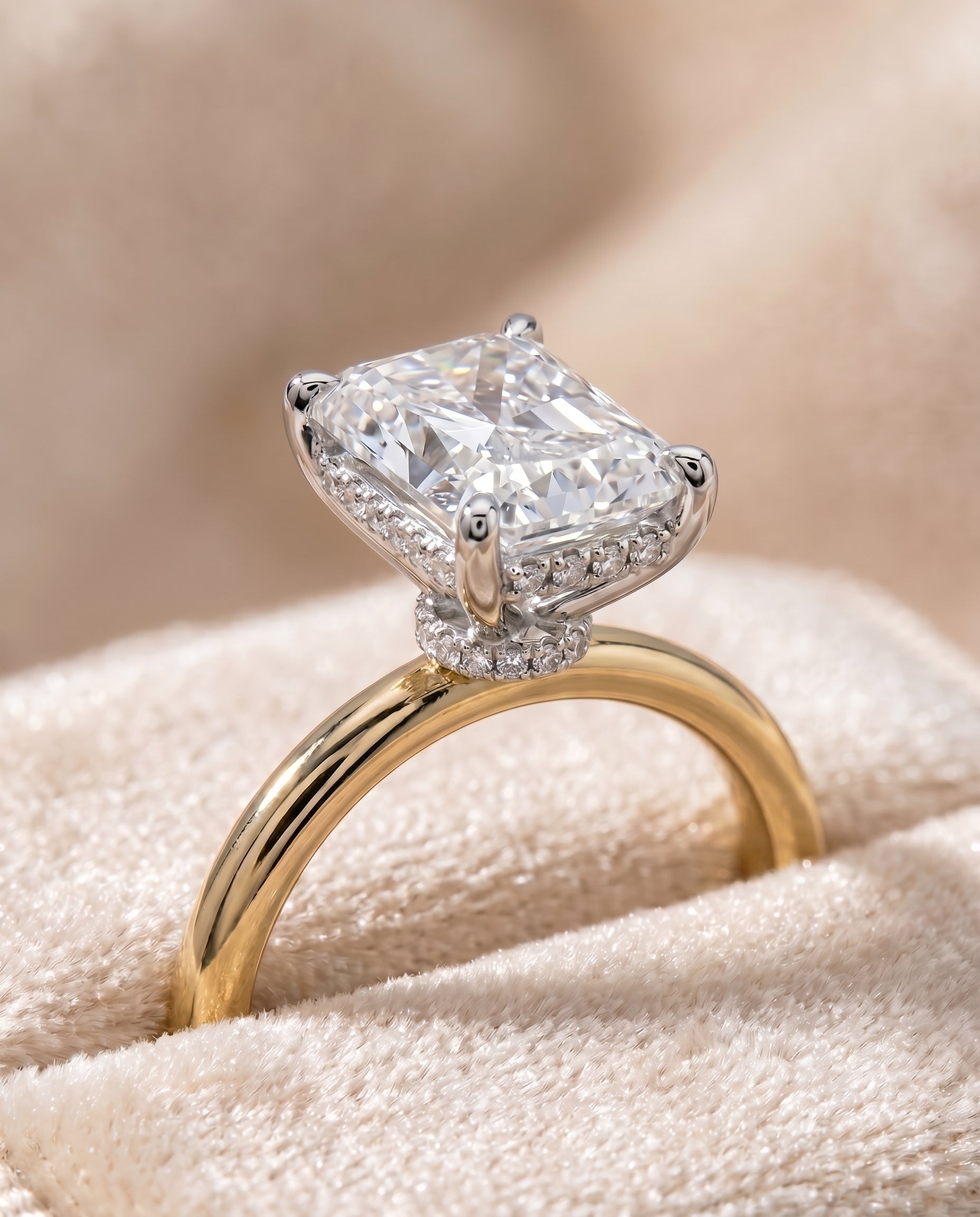 Dolly Select Double Hidden Halo Solitaire Radiant Cut Lab Diamond Engagement Ring in 18K Yellow Gold, detail view | RockHer