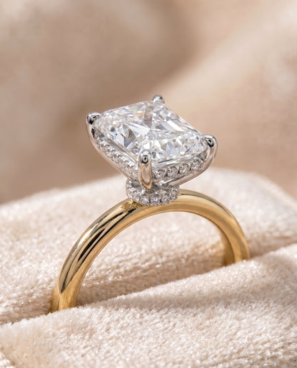 Dolly Select Double Hidden Halo Solitaire Radiant Cut Lab Diamond Engagement Ring in 18K Yellow Gold, detail view | RockHer
