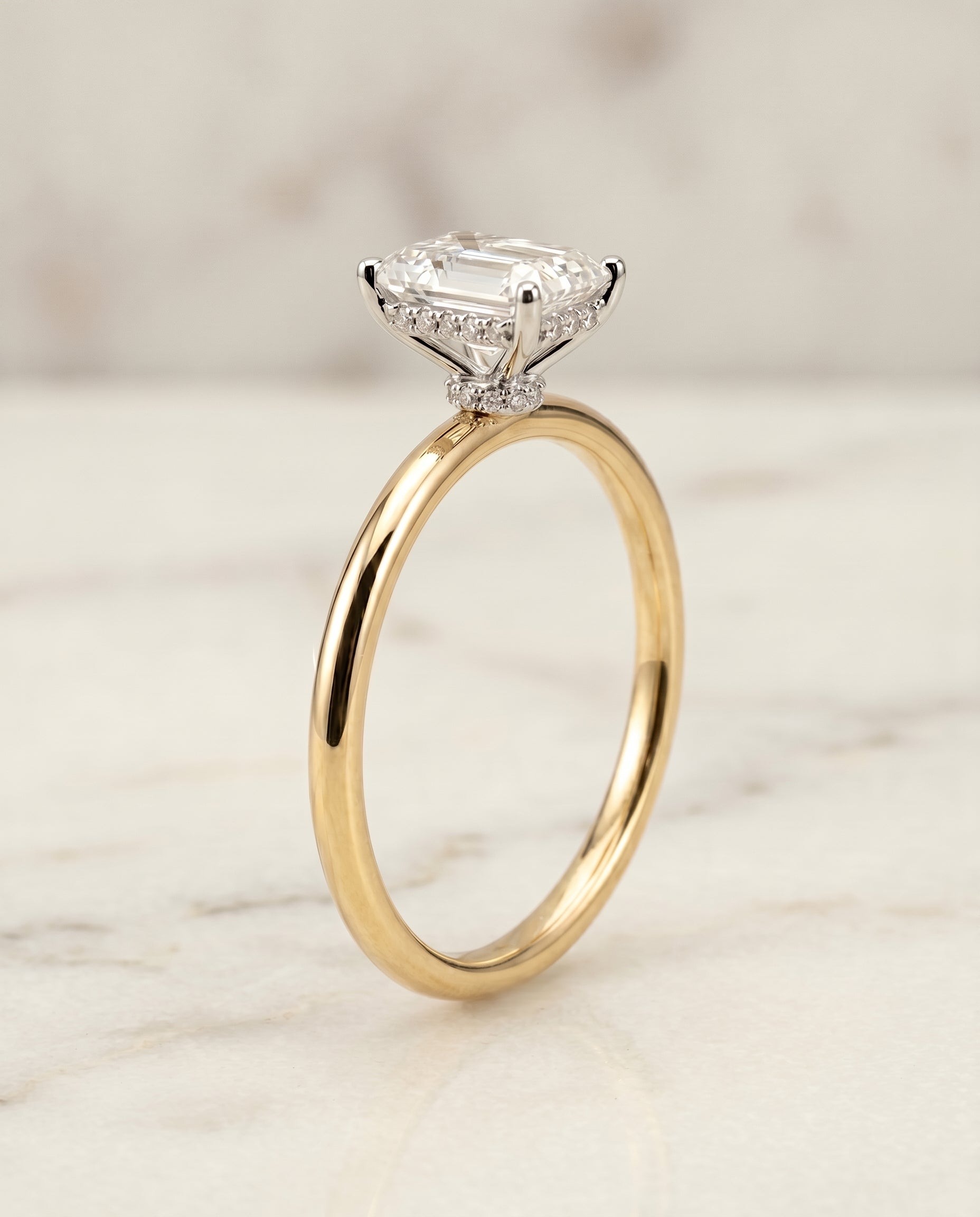 Double Hidden Halo Solitaire Cut styling on The Dolly radiant engagement ring setting | RockHer