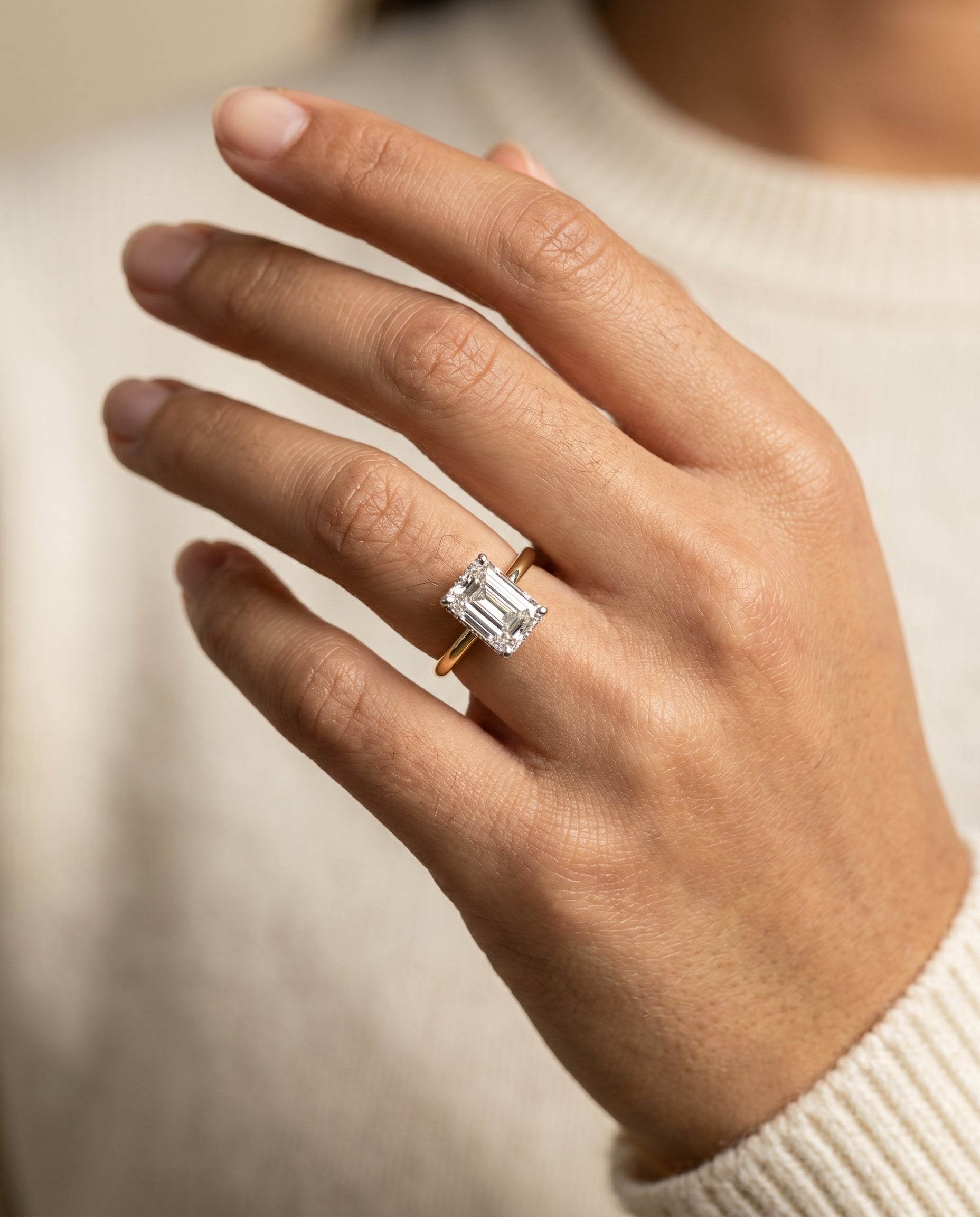 Dolly Select Double Hidden Halo Solitaire Radiant Cut Lab Diamond Engagement Ring in 18K Yellow Gold, shown on hand | RockHer