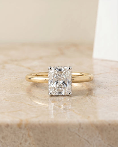 Dolly Select Double Hidden Halo Solitaire Radiant Cut Lab Diamond Engagement Ring in 18K Yellow Gold, side view | RockHer