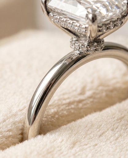 The Dolly Double Hidden Halo Solitaire Radiant Cut Engagement Ring Setting in 18K White Gold