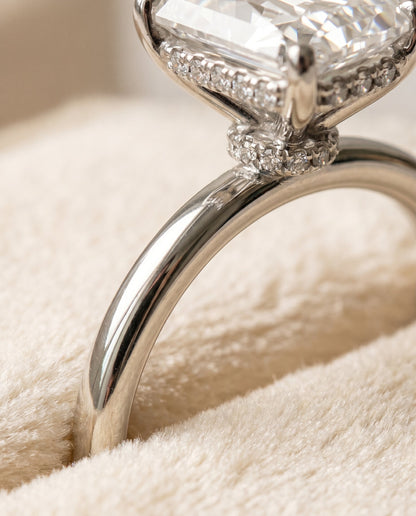 Dolly Select Double Hidden Halo Solitaire Radiant Cut Lab Diamond Engagement Ring in 18K White Gold, detail view | RockHer