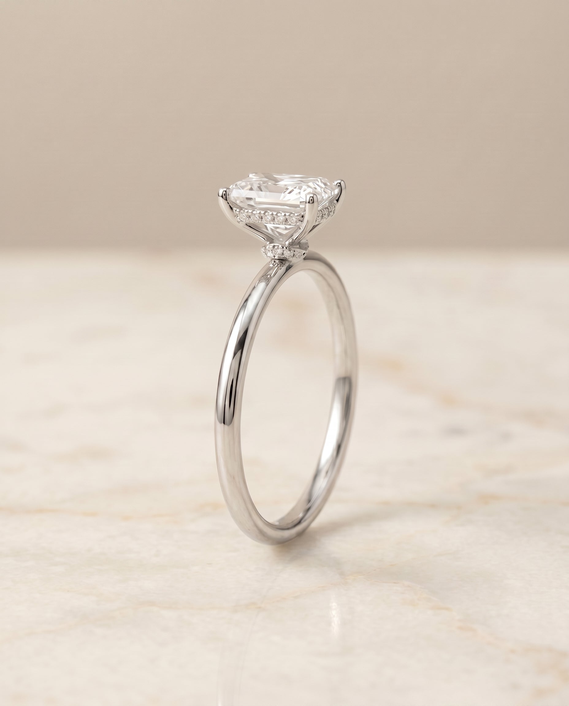 Double Hidden Halo Solitaire Cut styling on The Dolly radiant engagement ring setting | RockHer