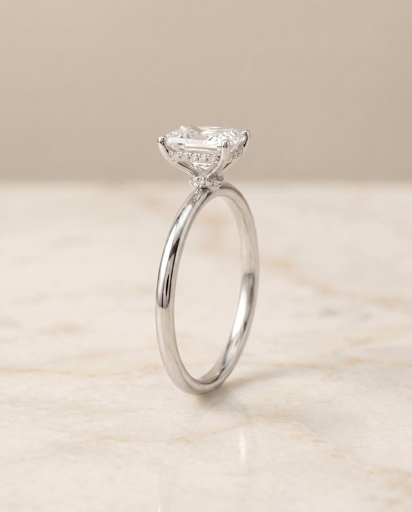 Dolly Select Double Hidden Halo Solitaire Radiant Cut Lab Diamond Engagement Ring in 18K White Gold, front view | RockHer