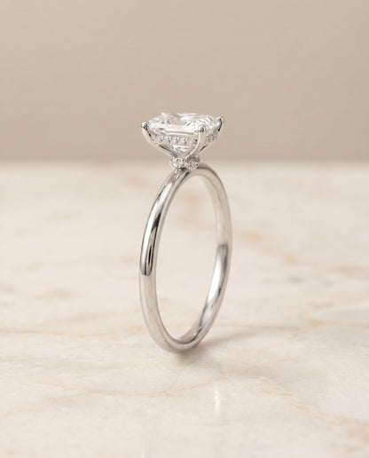 Dolly Select Double Hidden Halo Solitaire Radiant Cut Lab Diamond Engagement Ring in 18K White Gold, front view | RockHer