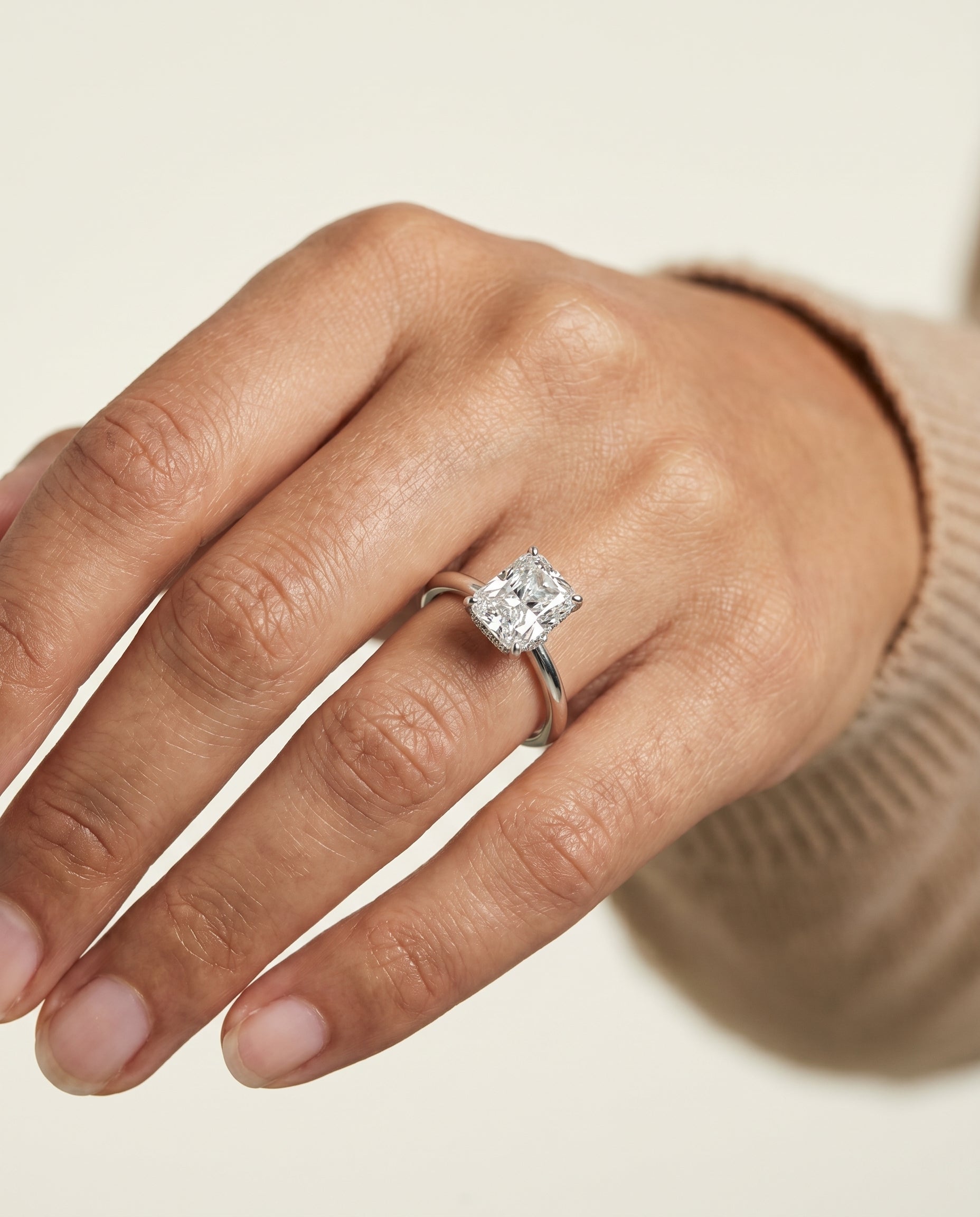 The Dolly engagement ring setting in Platinum, double hidden halo solitaire cut design | RockHer
