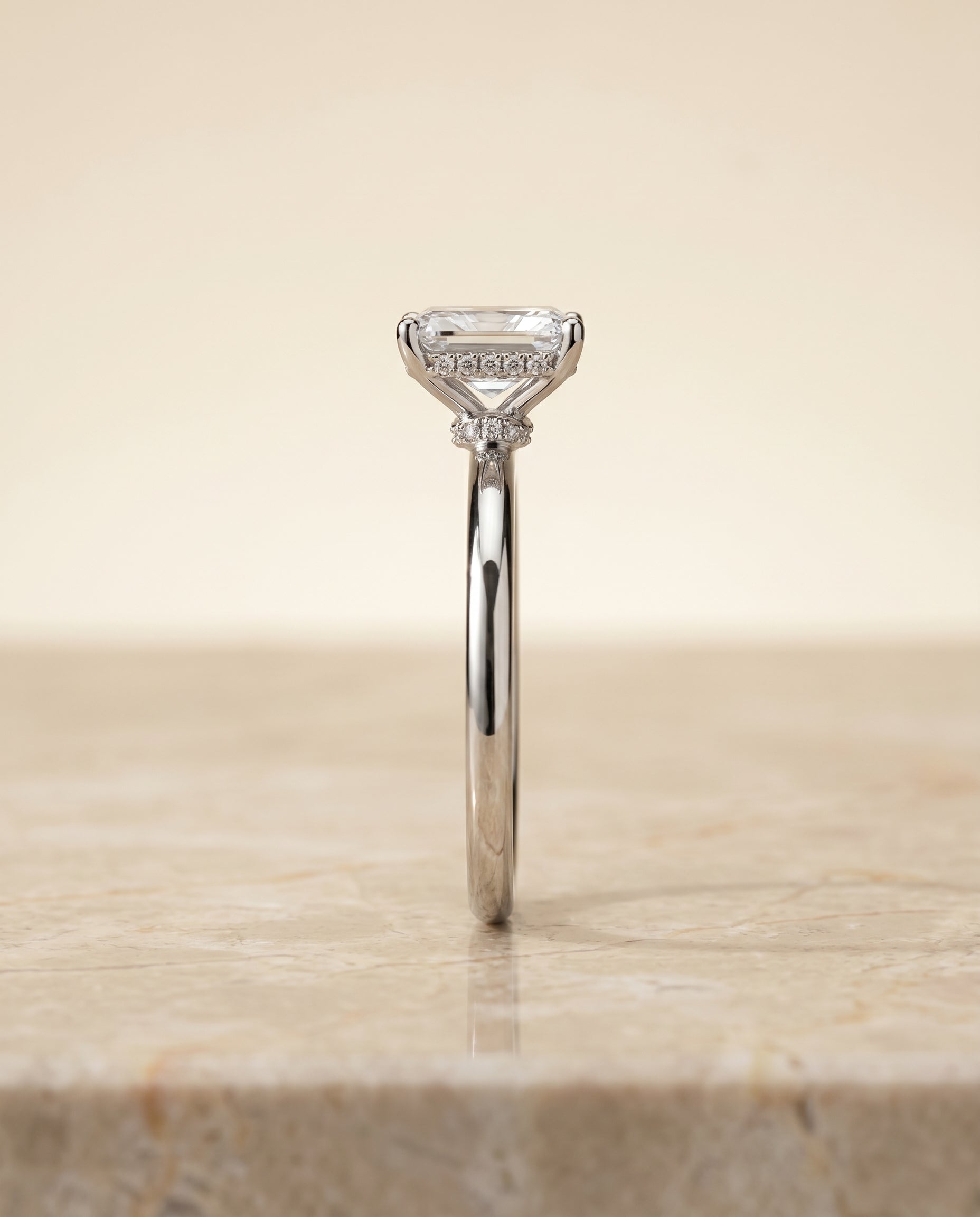 Dolly Select Double Hidden Halo Solitaire Radiant Cut Lab Diamond Engagement Ring in 18K White Gold, side view | RockHer