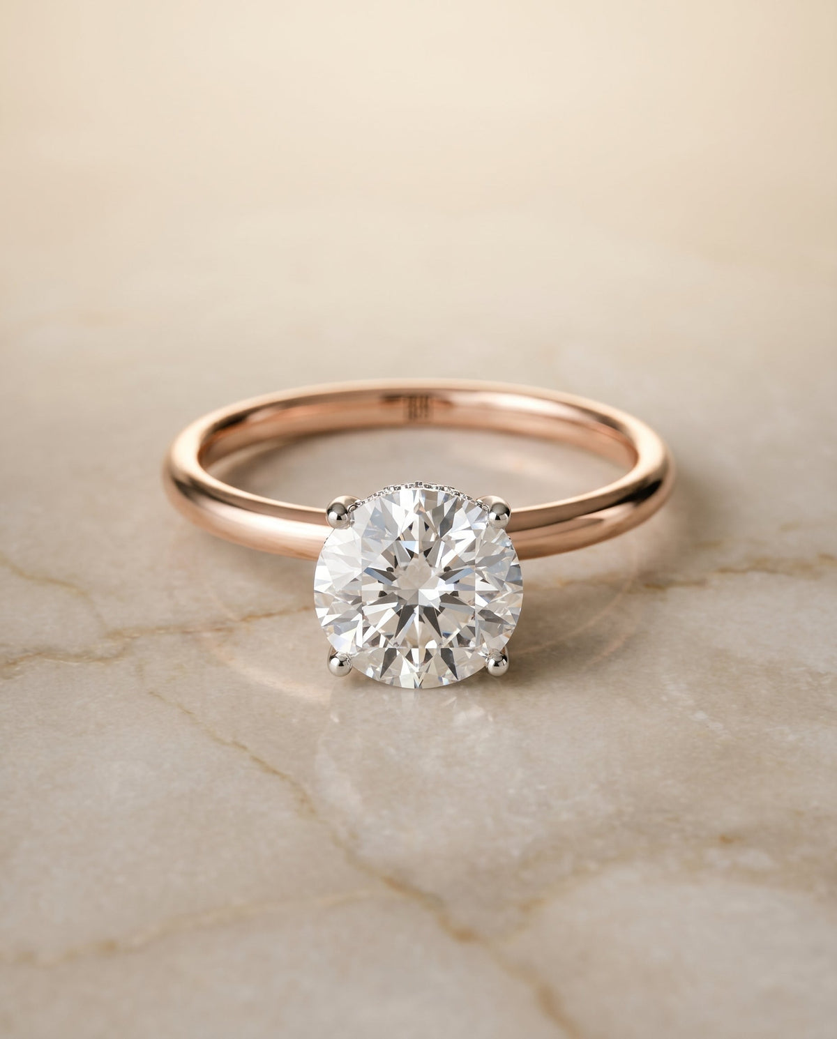 Dolly Select Double Hidden Halo Solitaire Round Lab Diamond Engagement Ring in 14K Rose Gold, shown on hand, angled | RockHer