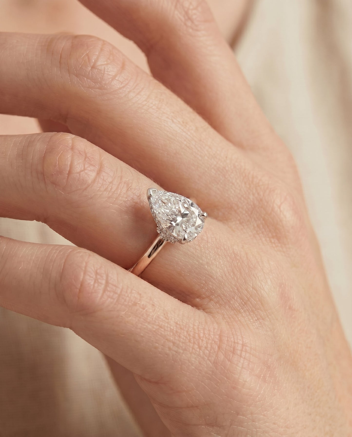 Dolly Select Double Hidden Halo Solitaire Princess Cut Lab Diamond Engagement Ring in 14K Rose Gold, shown on hand | RockHer