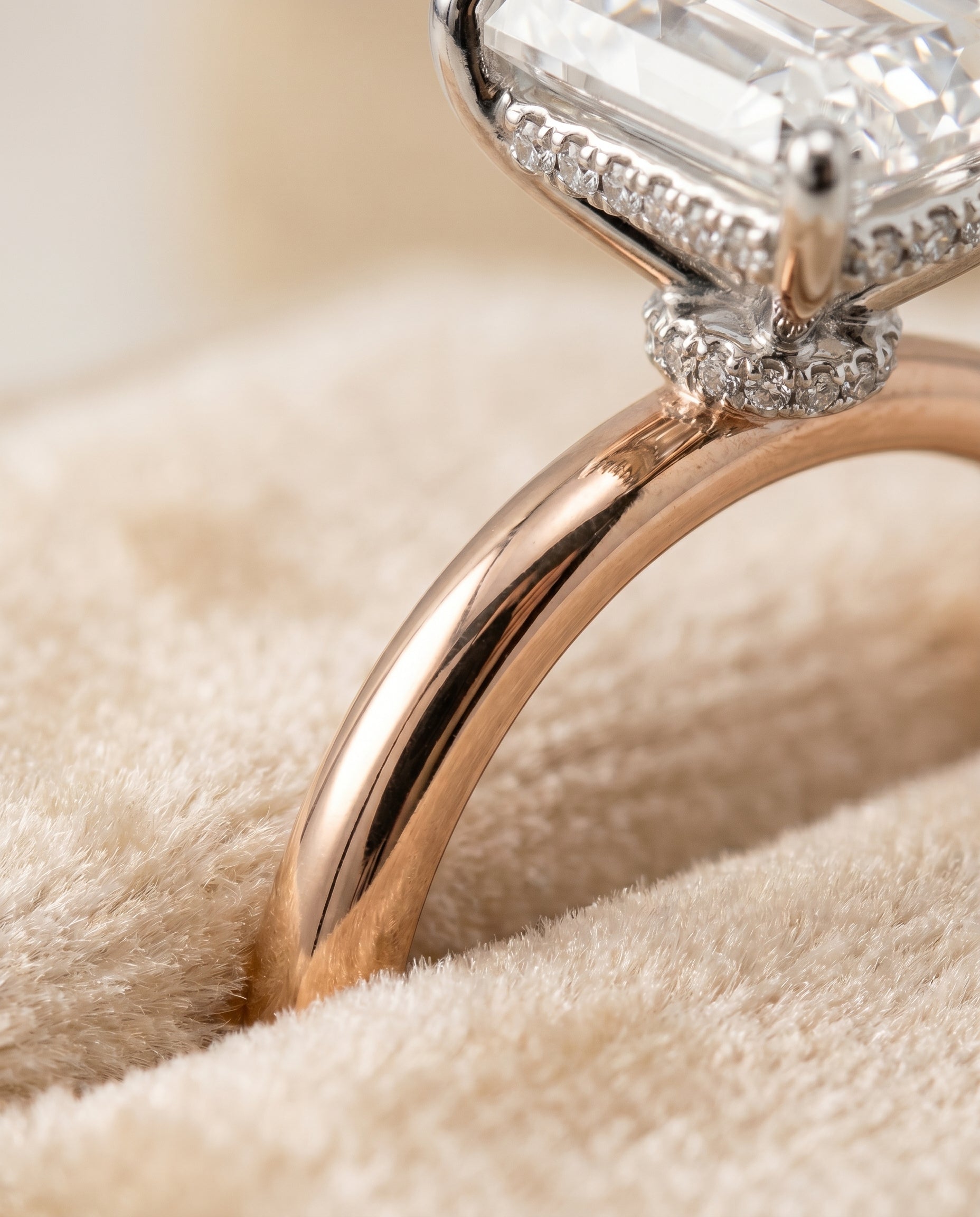 14K Rose Gold band of The Dolly radiant engagement ring setting | RockHer