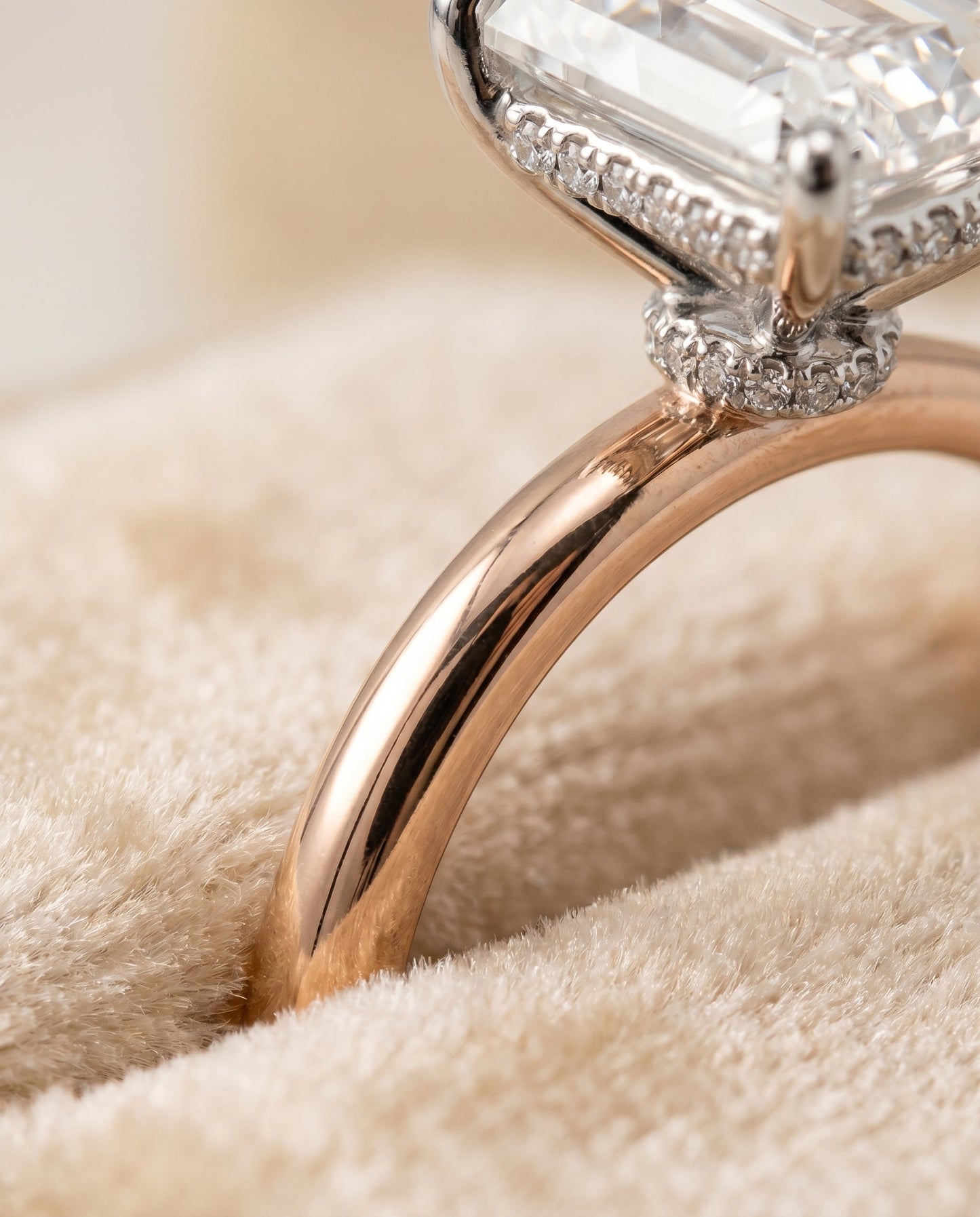 Dolly Select Double Hidden Halo Solitaire Radiant Cut Lab Diamond Engagement Ring in 14K Rose Gold, detail view | RockHer
