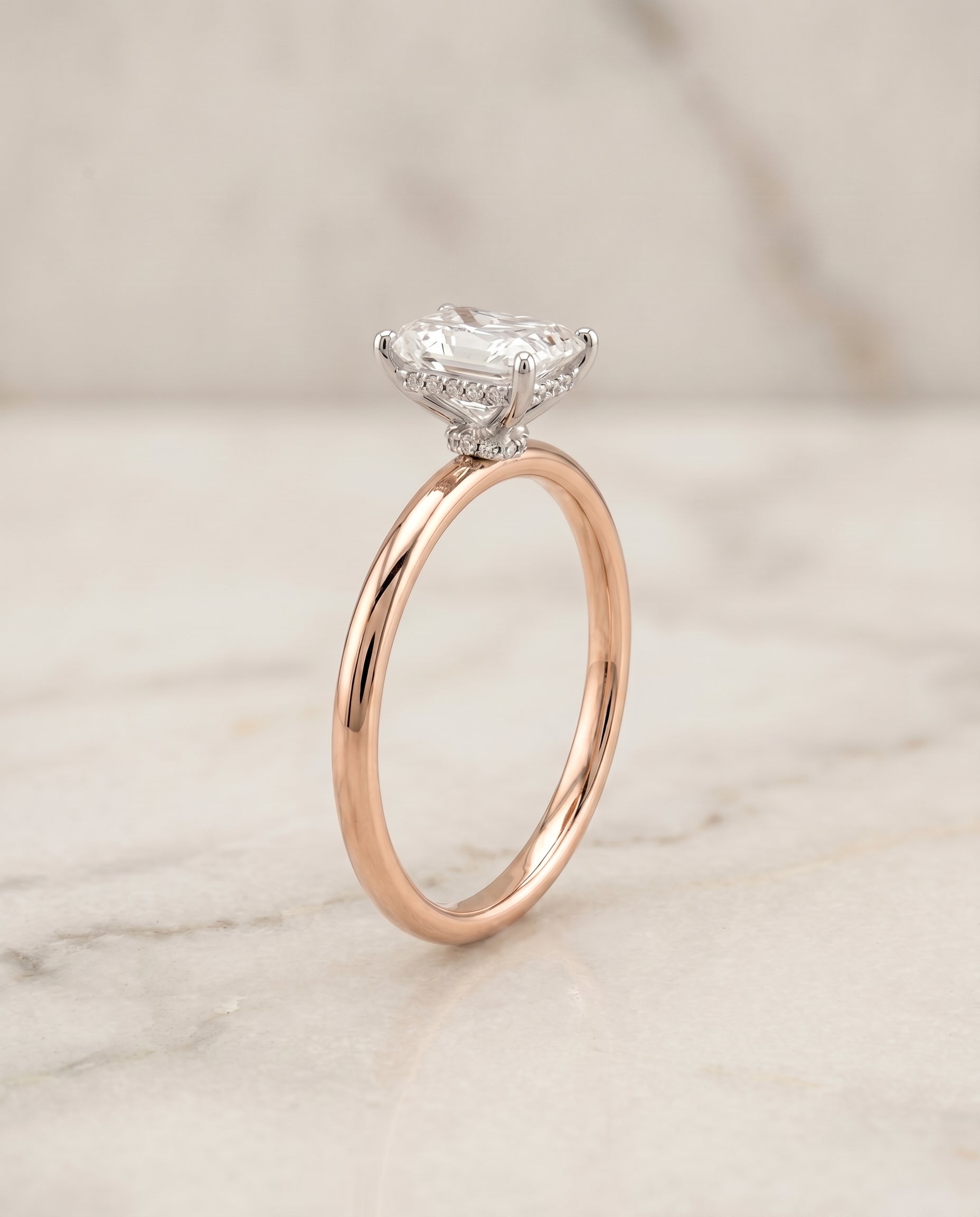 Double Hidden Halo Solitaire Cut styling on The Dolly radiant engagement ring setting | RockHer