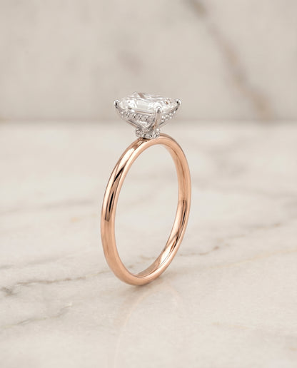 The Dolly Double Hidden Halo Solitaire Radiant Cut Engagement Ring Setting in 14K Rose Gold