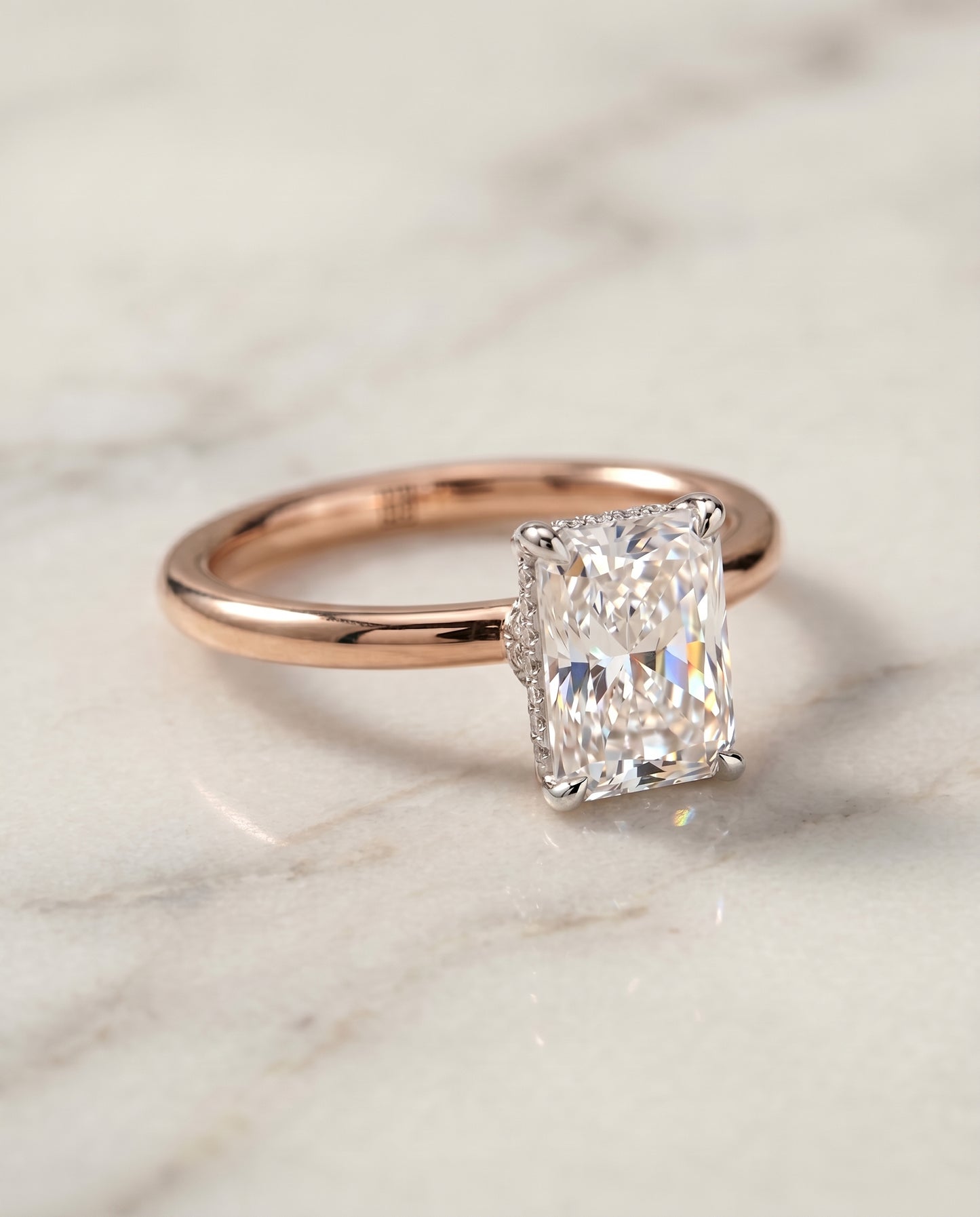 The Dolly Double Hidden Halo Solitaire Radiant Cut Engagement Ring Setting in 14K Rose Gold