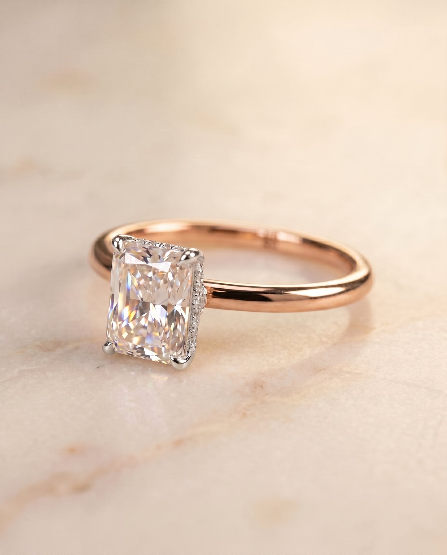 The Dolly Double Hidden Halo Solitaire Radiant Cut Engagement Ring Setting in 14K Rose Gold