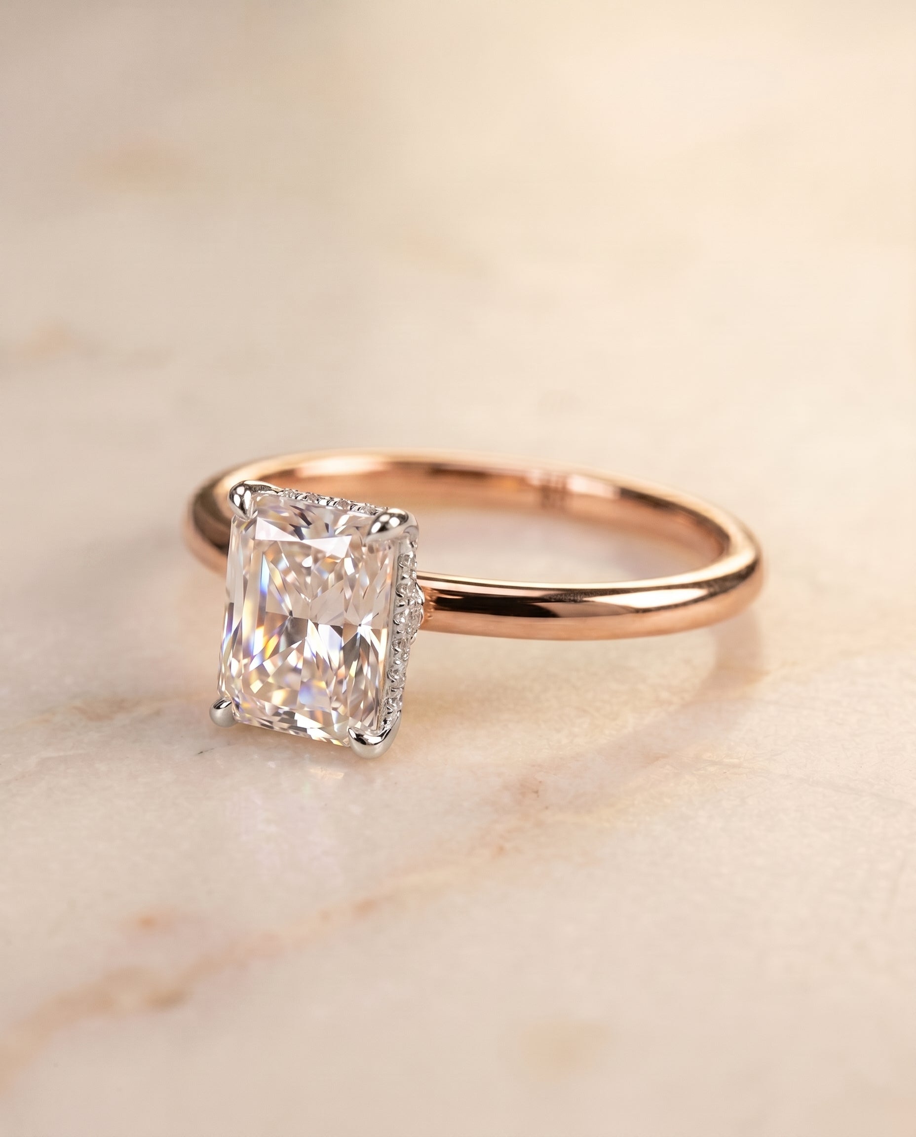The Dolly setting for radiant diamonds, made to order in 14K Rose Gold | RockHer