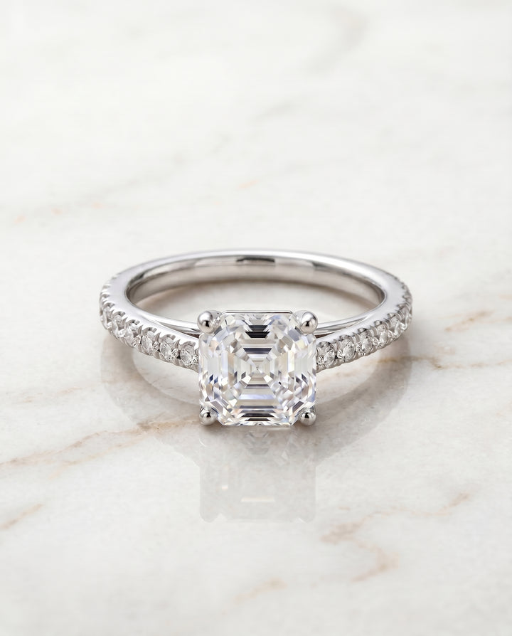 The Donna Cathedral French Pavé Solitaire Asscher Cut Engagement Ring Setting in Platinum