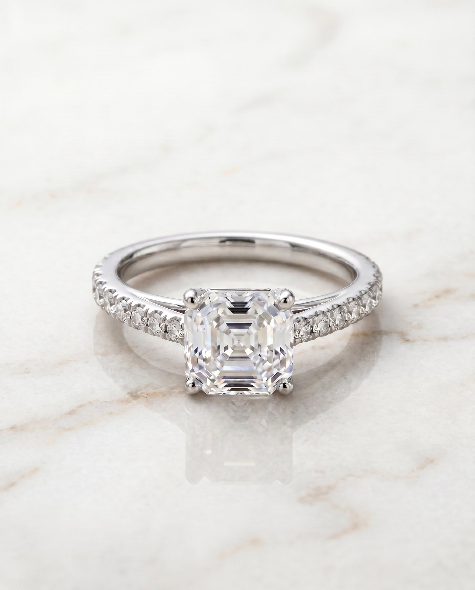 Donna Select Cathedral Asscher Cut Lab Diamond Engagement Ring in Platinum, shown on hand, angled | RockHer