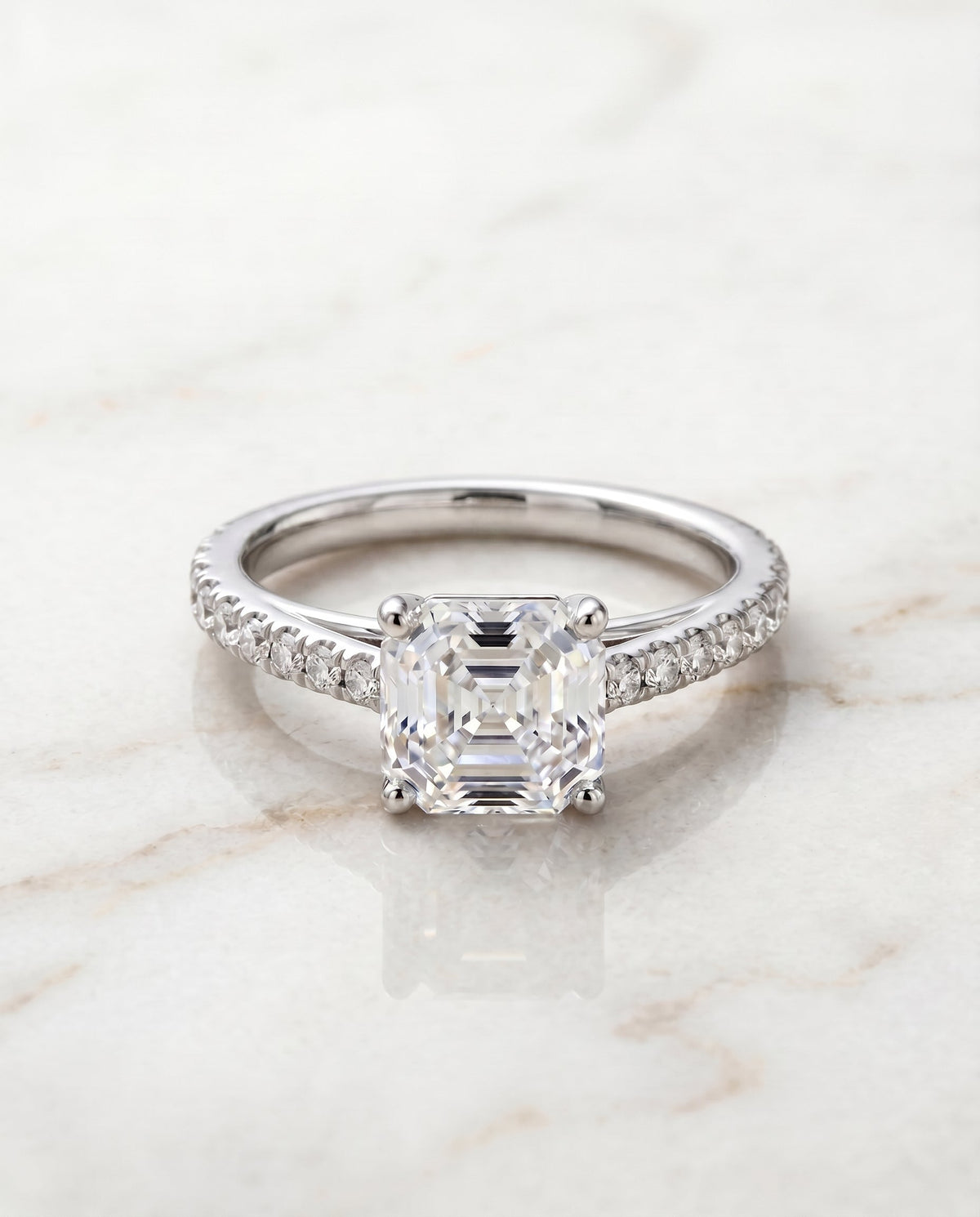 Donna Select Cathedral Asscher Cut Lab Diamond Engagement Ring in Platinum, shown on hand, angled | RockHer