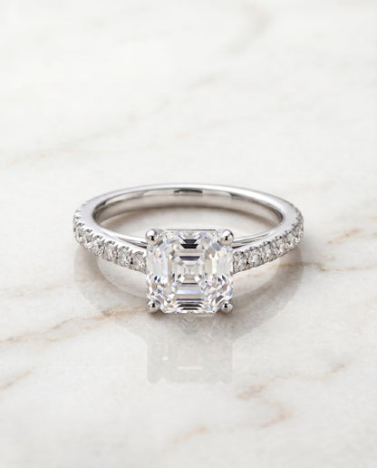 Donna Select Cathedral Asscher Cut Lab Diamond Engagement Ring in Platinum, shown on hand, angled | RockHer