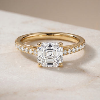 The Donna Cathedral French Pavé Solitaire Asscher Cut Engagement Ring Setting in 18K Yellow Gold