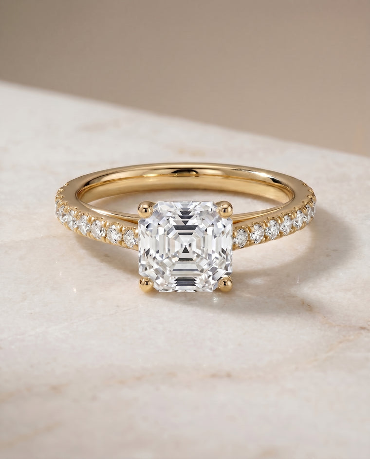 The Donna Cathedral French Pavé Solitaire Asscher Cut Engagement Ring Setting in 18K Yellow Gold