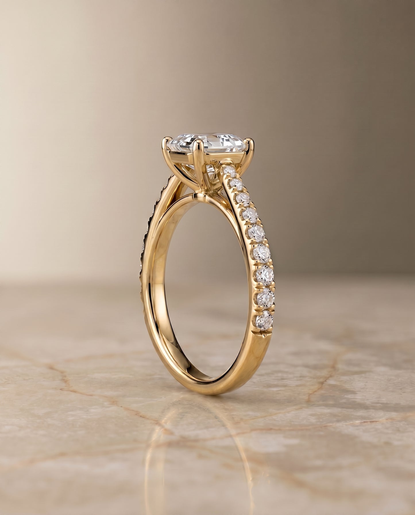 The Donna Cathedral French Pavé Solitaire Asscher Cut Engagement Ring Setting in 18K Yellow Gold