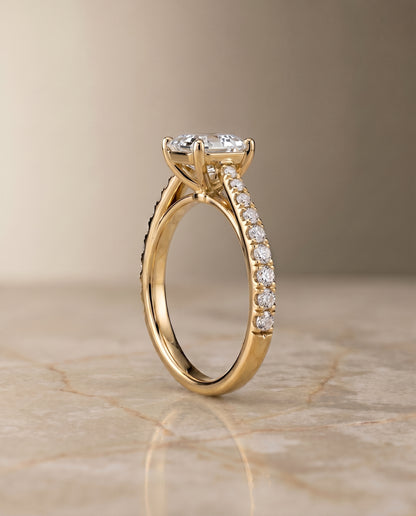The Donna Cathedral French Pavé Solitaire Asscher Cut Engagement Ring Setting in 18K Yellow Gold
