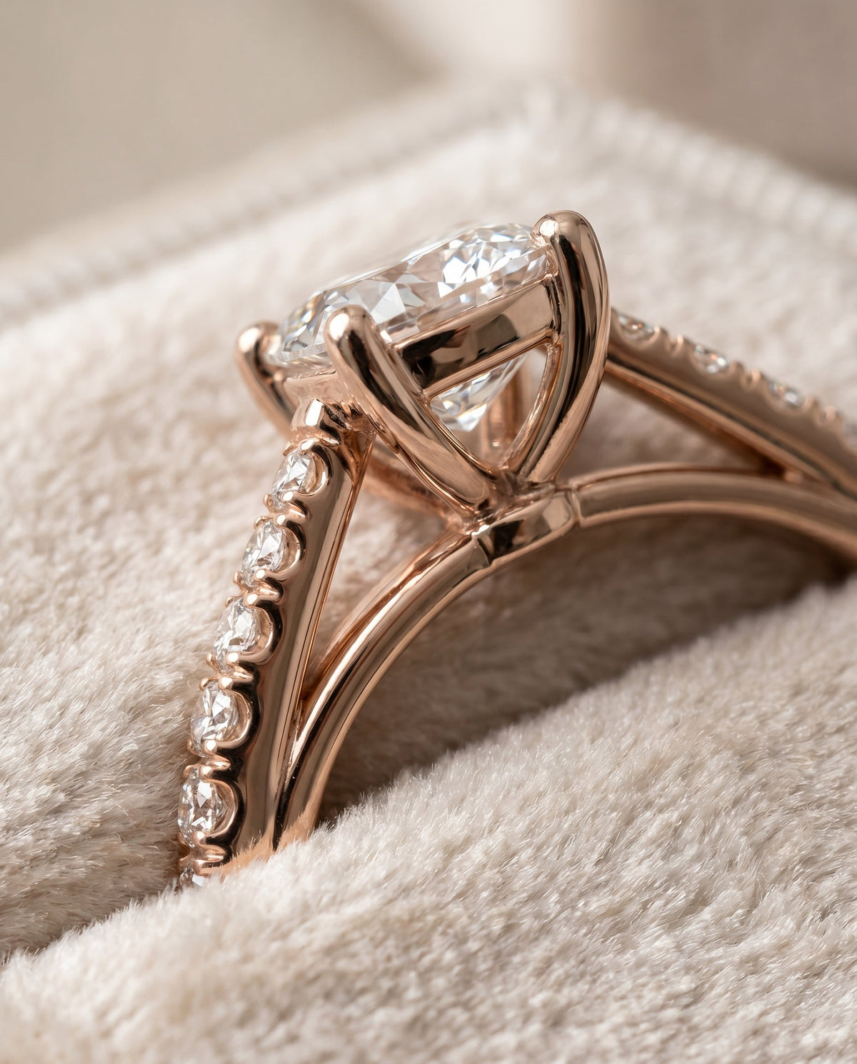 Donna Select Cathedral Cushion Cut Lab Diamond Engagement Ring in 14K Rose Gold, detail view | RockHer