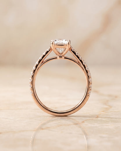 The Donna Cathedral French Pavé Solitaire Cushion Cut Engagement Ring Setting in 14K Rose Gold