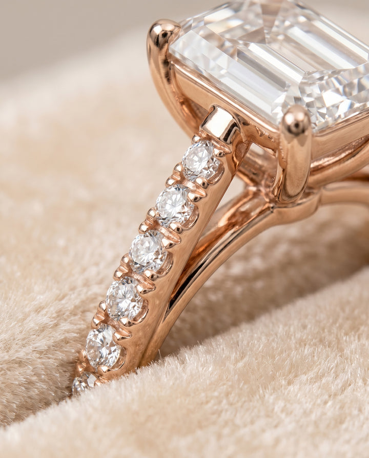 The Donna Cathedral French Pavé Solitaire Emerald Cut Engagement Ring Setting in 14K Rose Gold