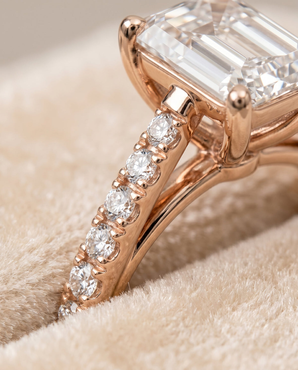 Donna Select Cathedral Emerald Cut Lab Diamond Engagement Ring in 14K Rose Gold, detail view | RockHer