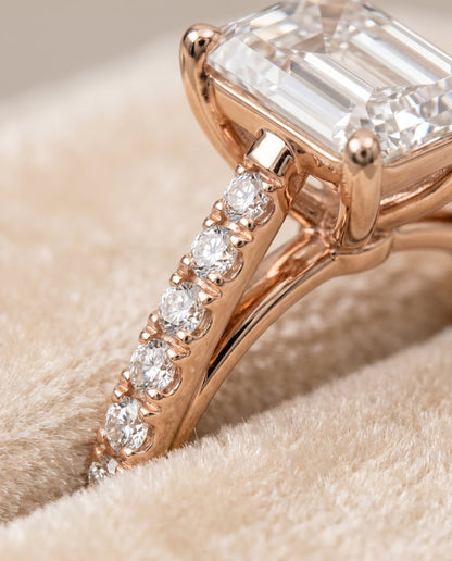 Donna Select Cathedral Emerald Cut Lab Diamond Engagement Ring in 14K Rose Gold, detail view | RockHer