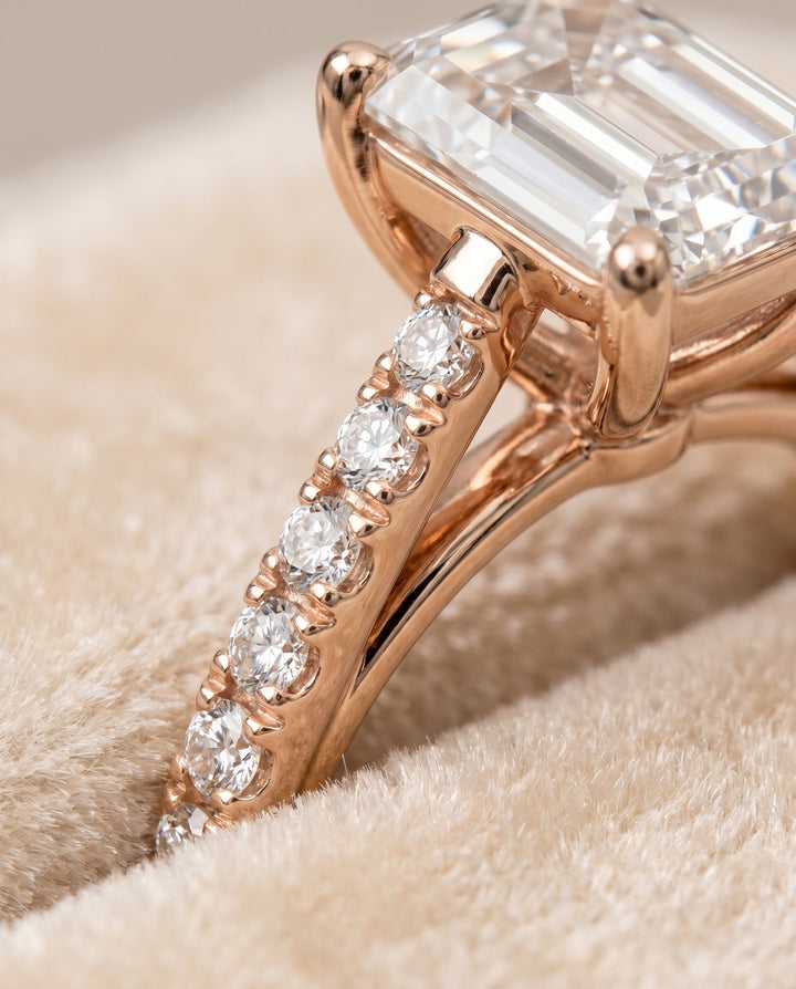 Donna Select Cathedral Emerald Cut Lab Diamond Engagement Ring in 14K Rose Gold, detail view | RockHer