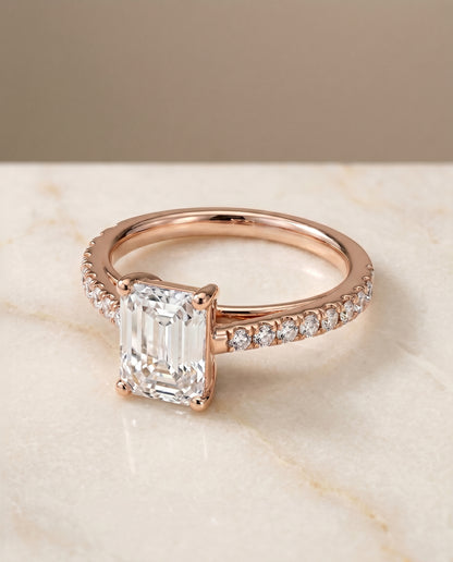 The Donna Cathedral French Pavé Solitaire Emerald Cut Engagement Ring Setting in 14K Rose Gold