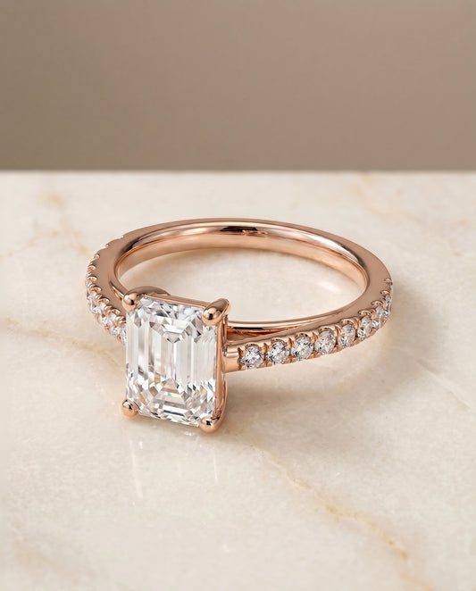The Donna Cathedral Engagement Ring Setting for Emerald Cut Diamonds in 14K Rose Gold