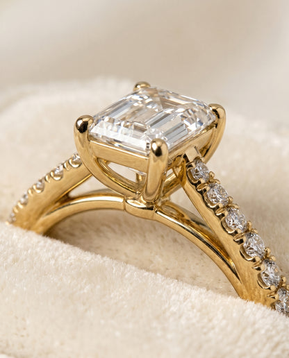 The Donna Cathedral French Pavé Solitaire Emerald Cut Engagement Ring Setting in 18K Yellow Gold