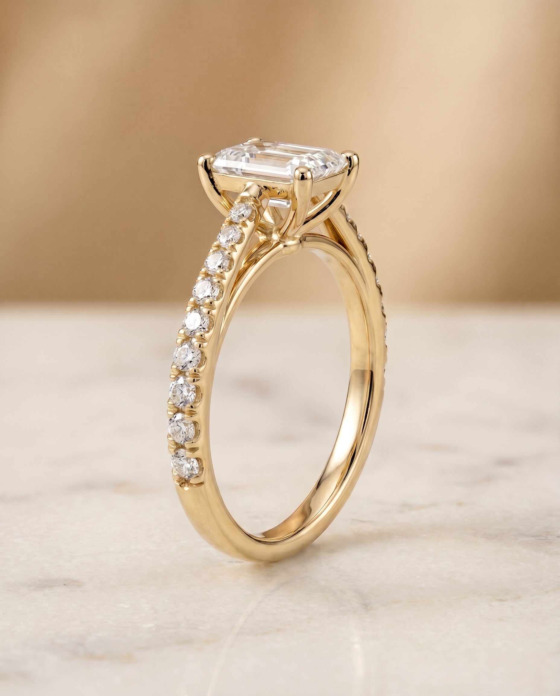 Donna Select Cathedral French Pavé Solitaire Emerald Cut Lab Diamond Engagement Ring in 18K Yellow Gold, front view | RockHer