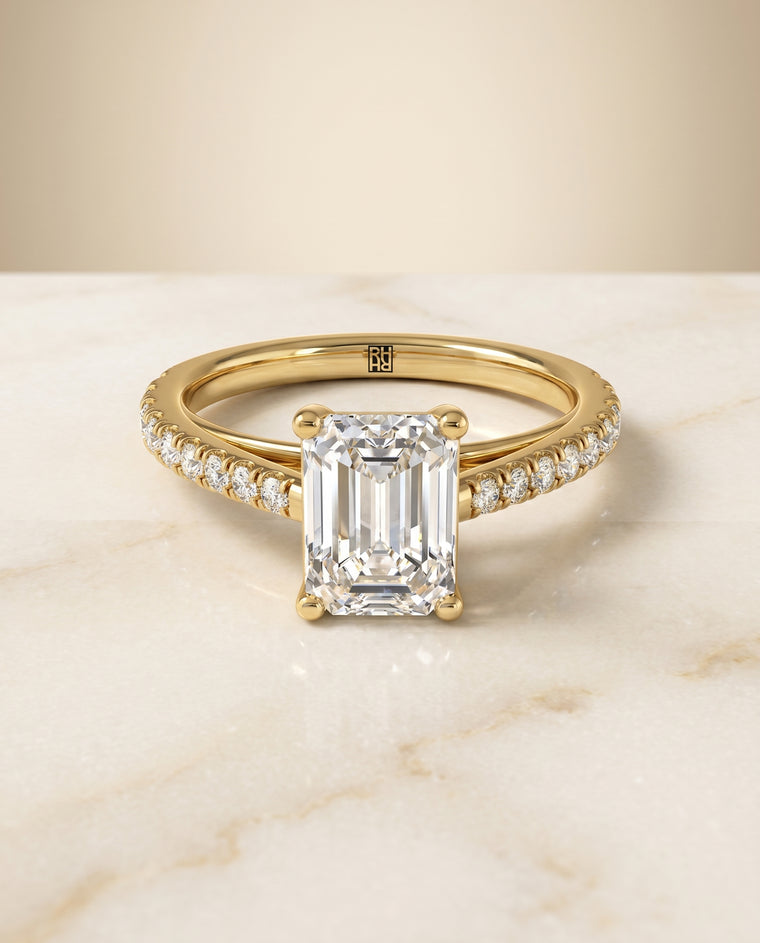 The Donna Cathedral French Pavé Solitaire Emerald Cut Engagement Ring Setting in 18K Yellow Gold