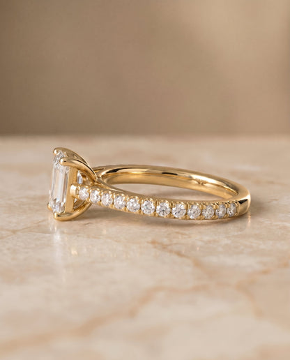 Donna Select Cathedral French Pavé Solitaire Emerald Cut Lab Diamond Engagement Ring in 18K Yellow Gold, side view | RockHer